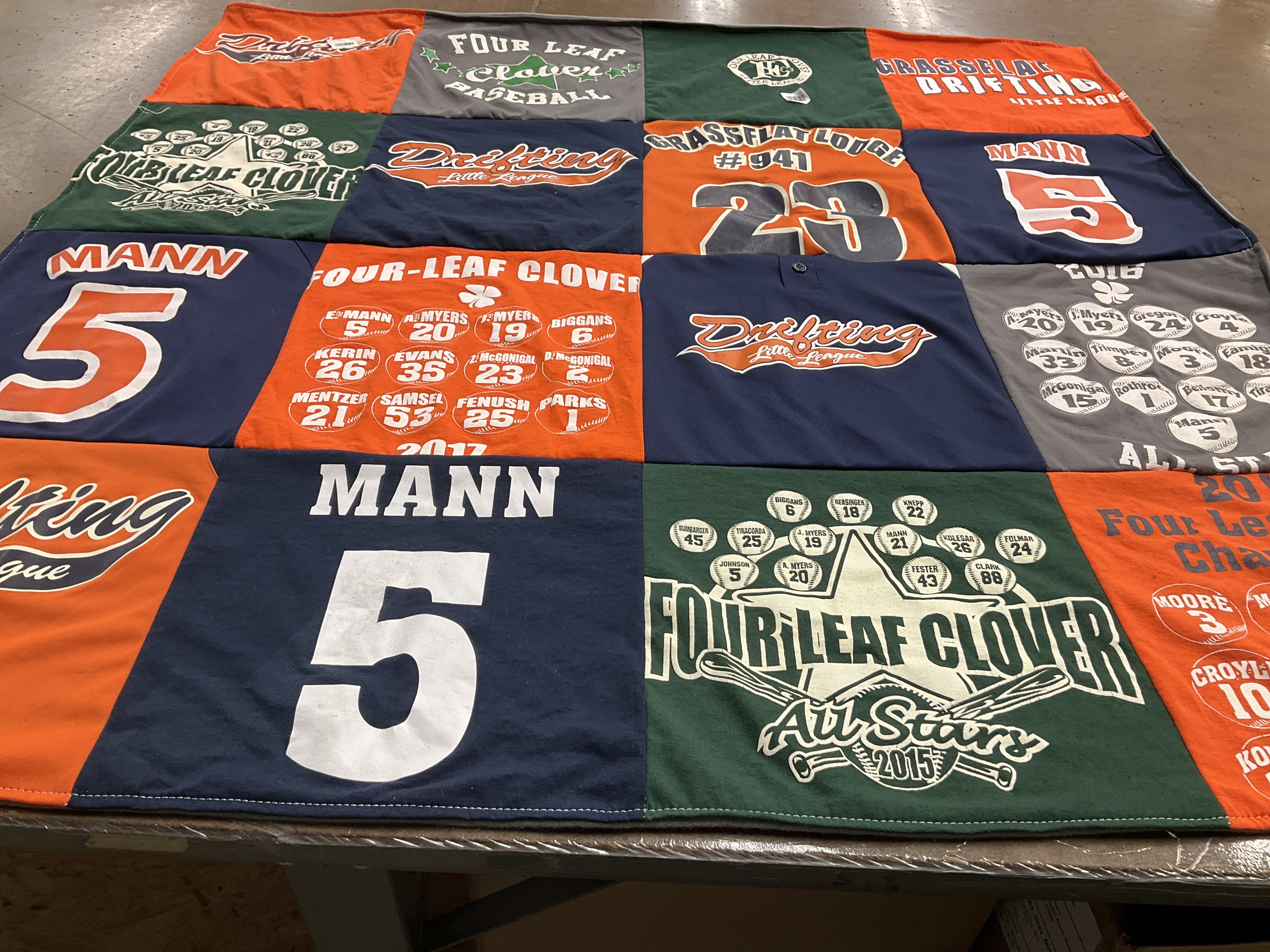 T-shirt quilt with baseball, youth sports themes by Erika from PA