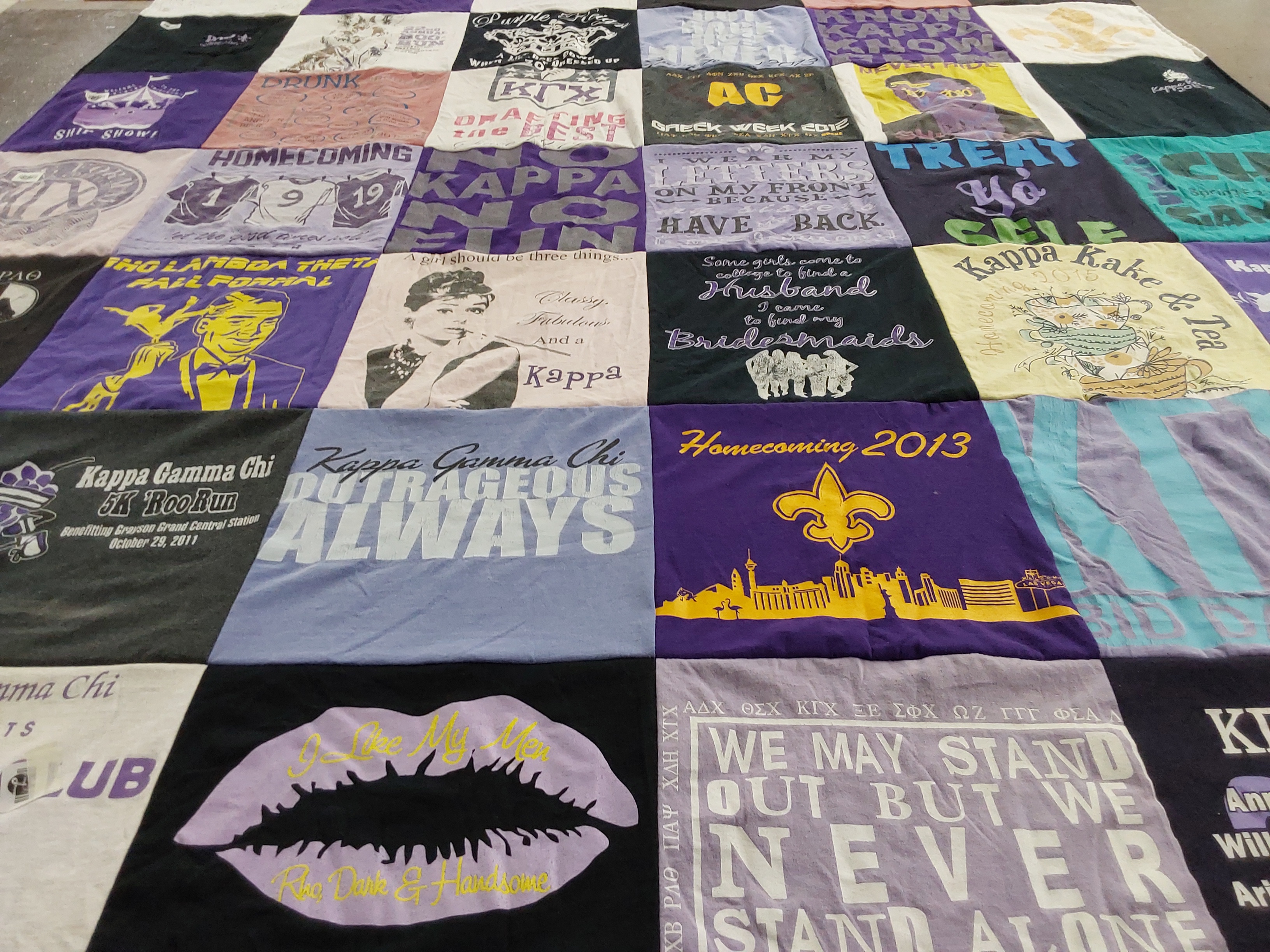 T-shirt quilt with sororities, homecoming themes by Mary from TX