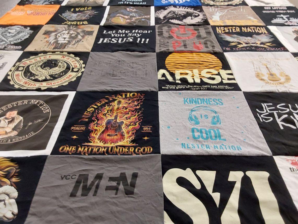 T-shirt quilt with religion, music themes by Faith from FL