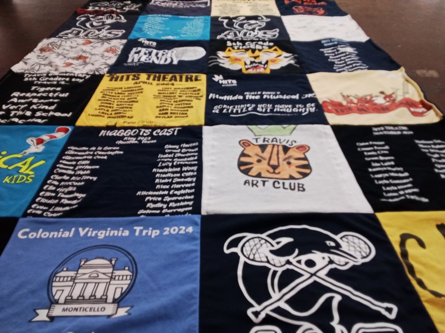 T-shirt quilt with theatre, art themes by Katherine from TX