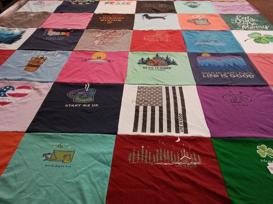T-shirt quilt with food, outdoors themes by Christine from FL
