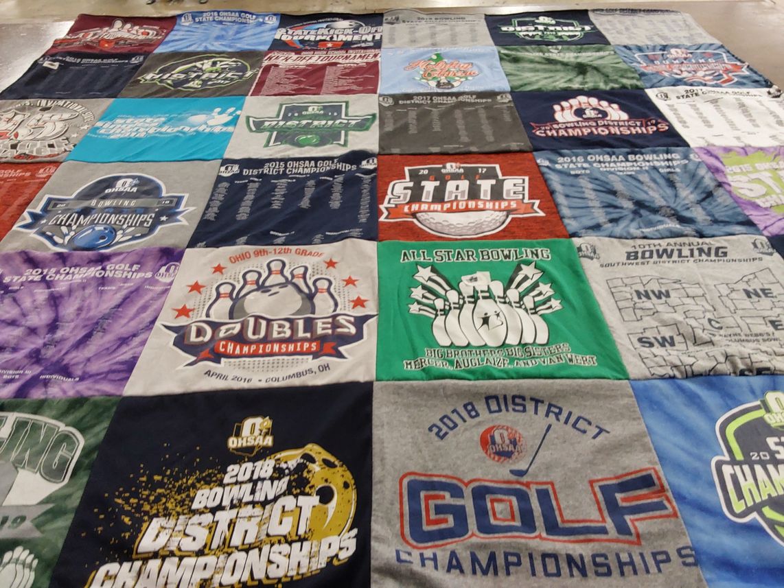 T-shirt quilt with bowling, golf themes by Morgan from OH