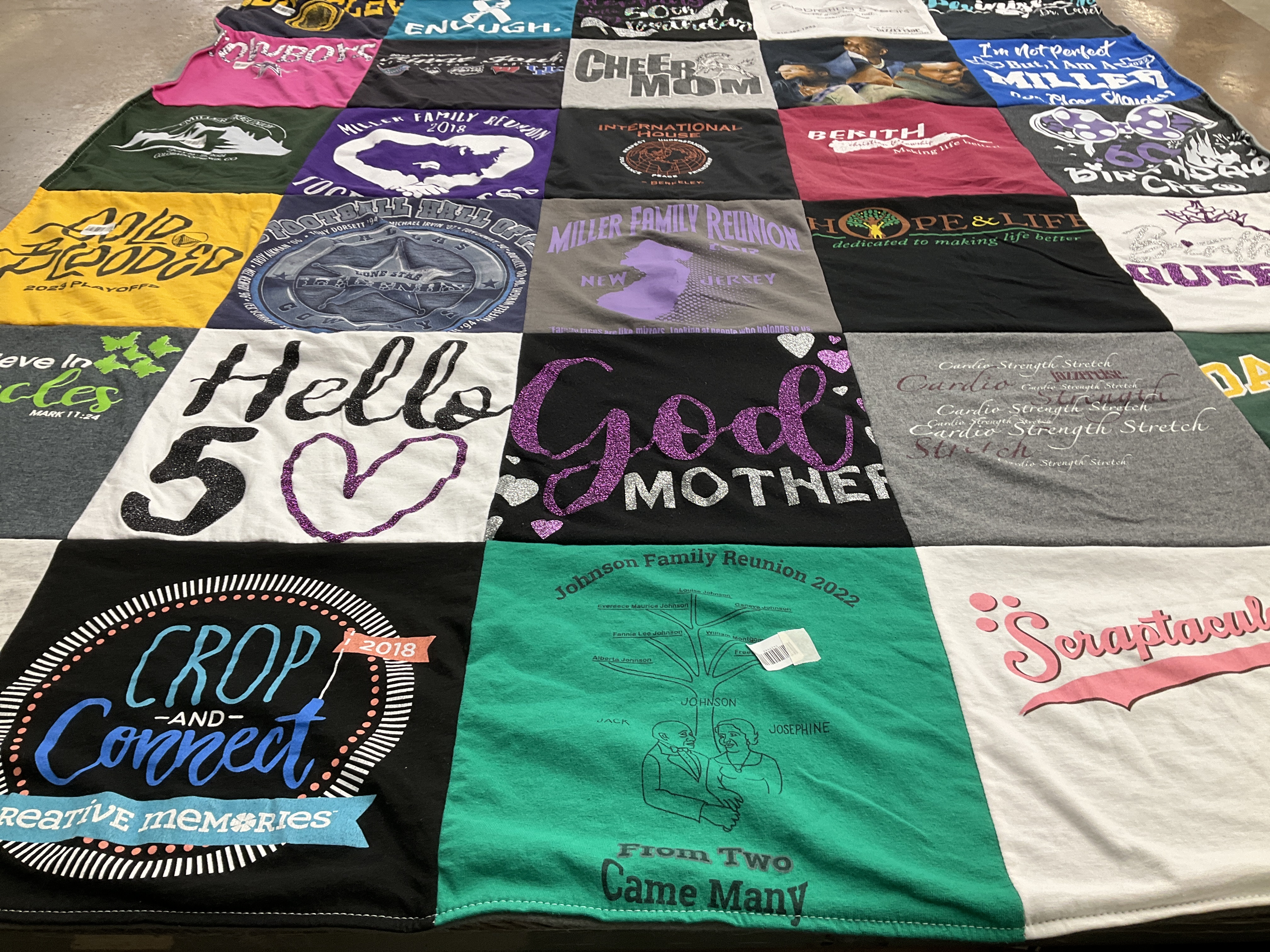 T-shirt quilt with family reunions, sports themes by Regina from CA