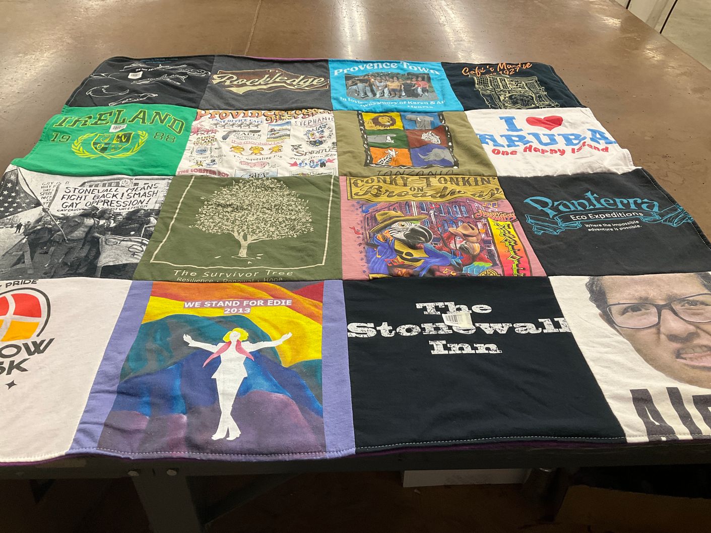 T-shirt quilt with pride, environmentalism themes by Lisa from FL