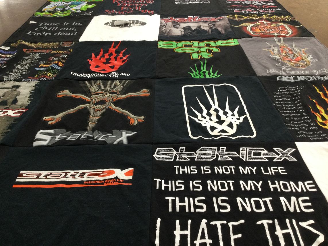 T-shirt quilt with music, metal themes by Jodi from TN