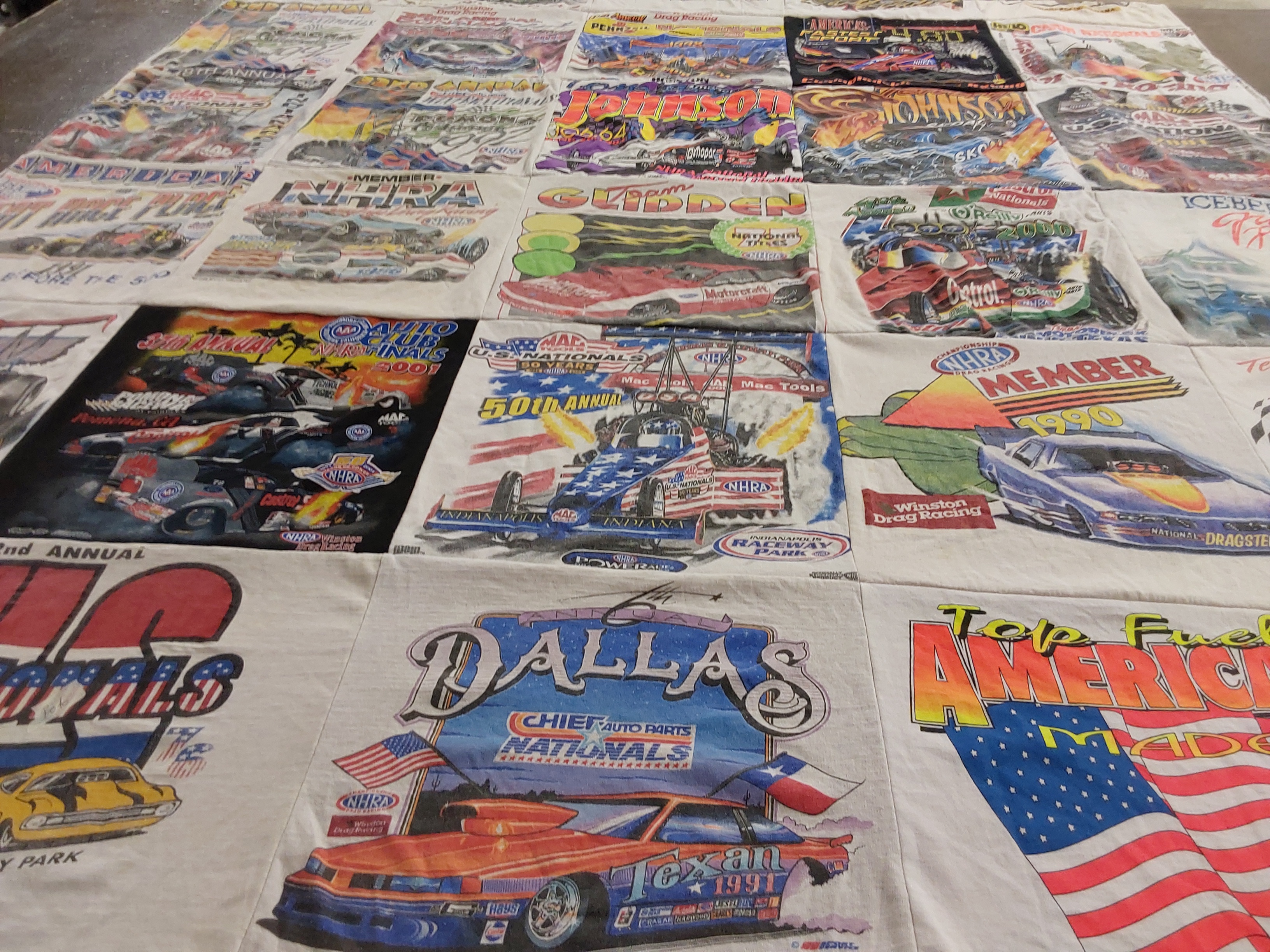 T-shirt quilt with drag racing, car shows themes by Brooke from TX