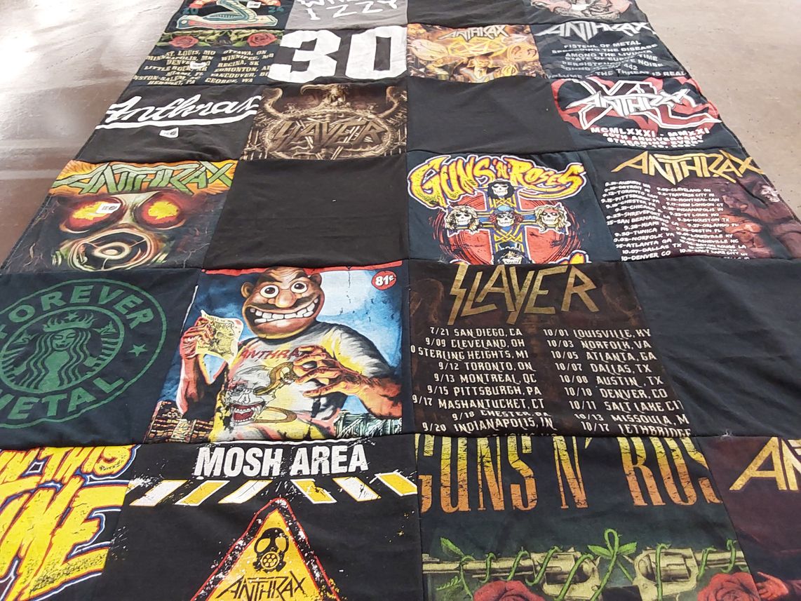 T-shirt quilt with heavy metal, music themes by Kristina from CO