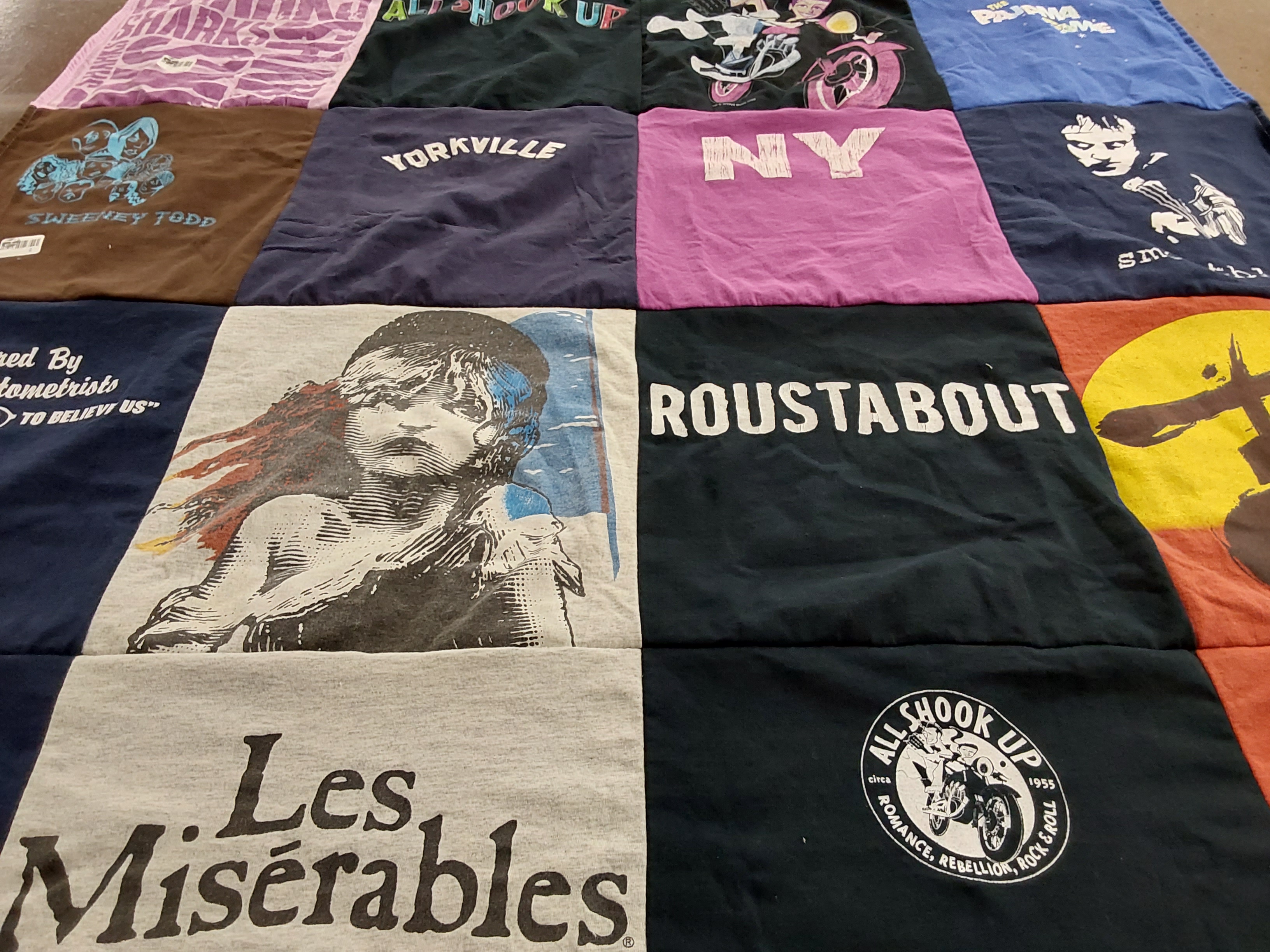 T-shirt quilt with theater, musicals themes by Regina from AZ