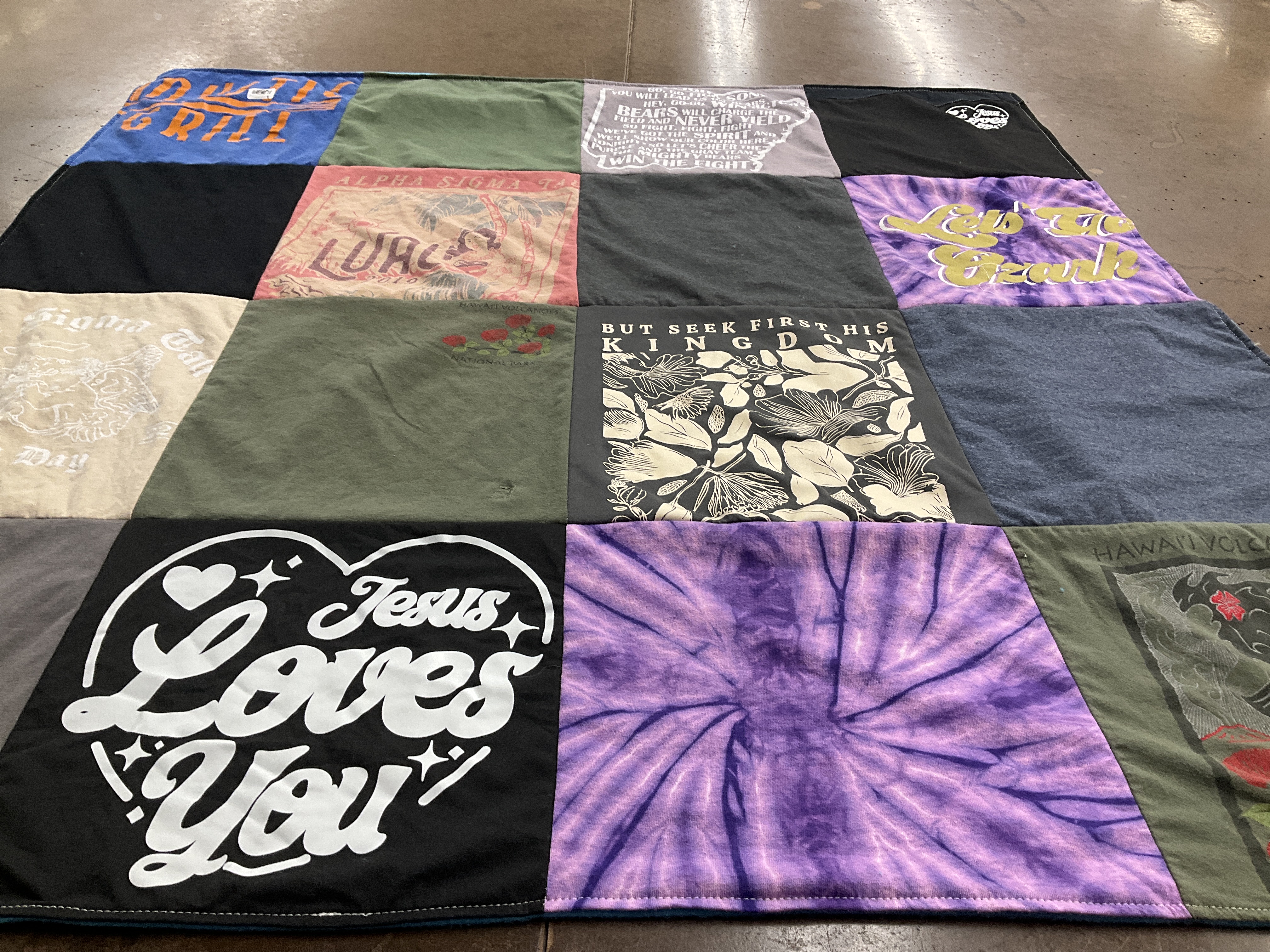 T-shirt quilt with religion, sorority life themes by Janie from AR