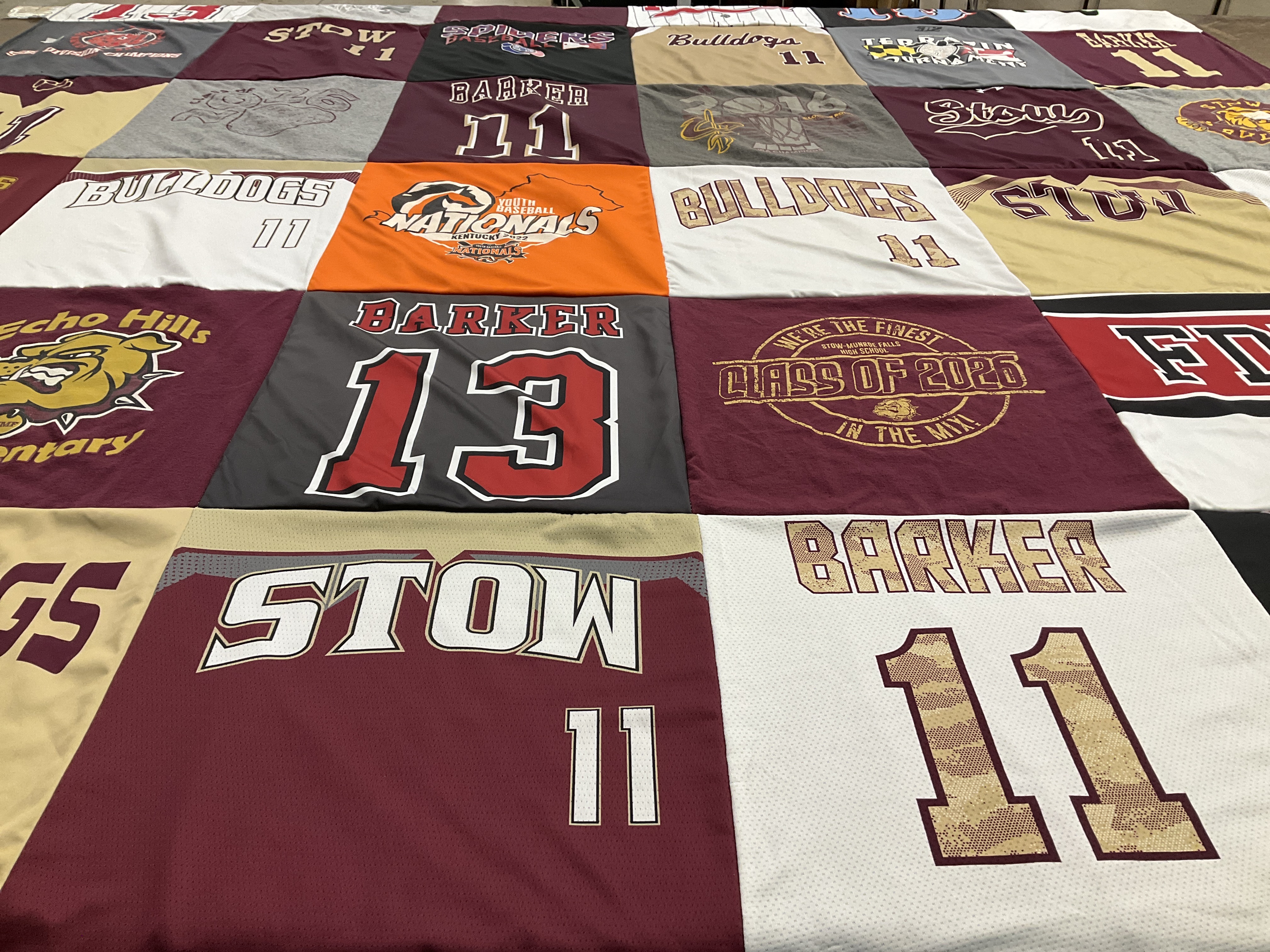 T-shirt quilt featuring barker high school bulldogs, stow high school spartan by Lauren from OH
