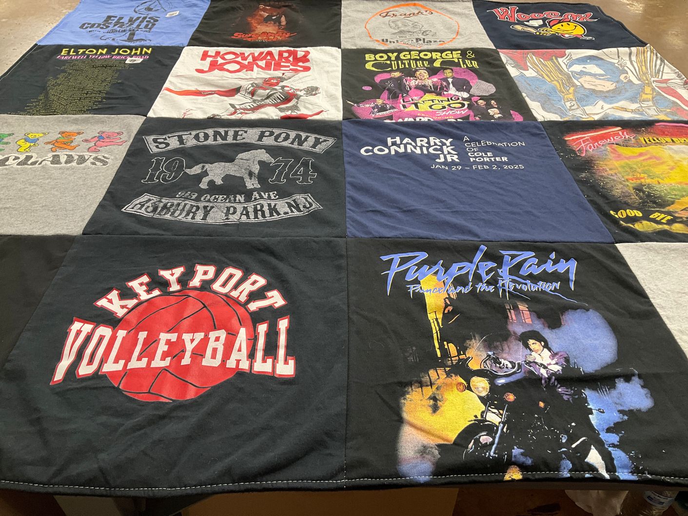 T-shirt quilt with music, volleyball themes by Ruth from NJ