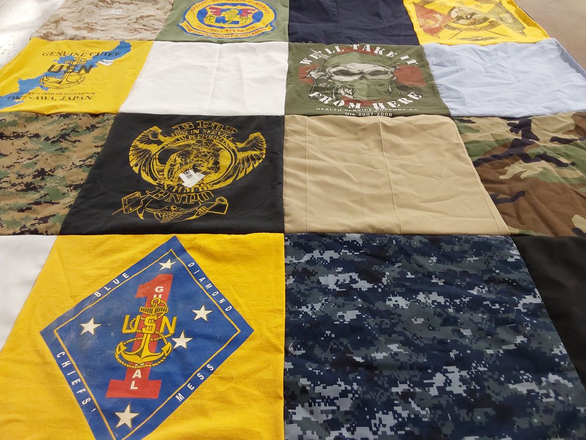 T-shirt quilt with military, marine corps themes by Jennifer from ID
