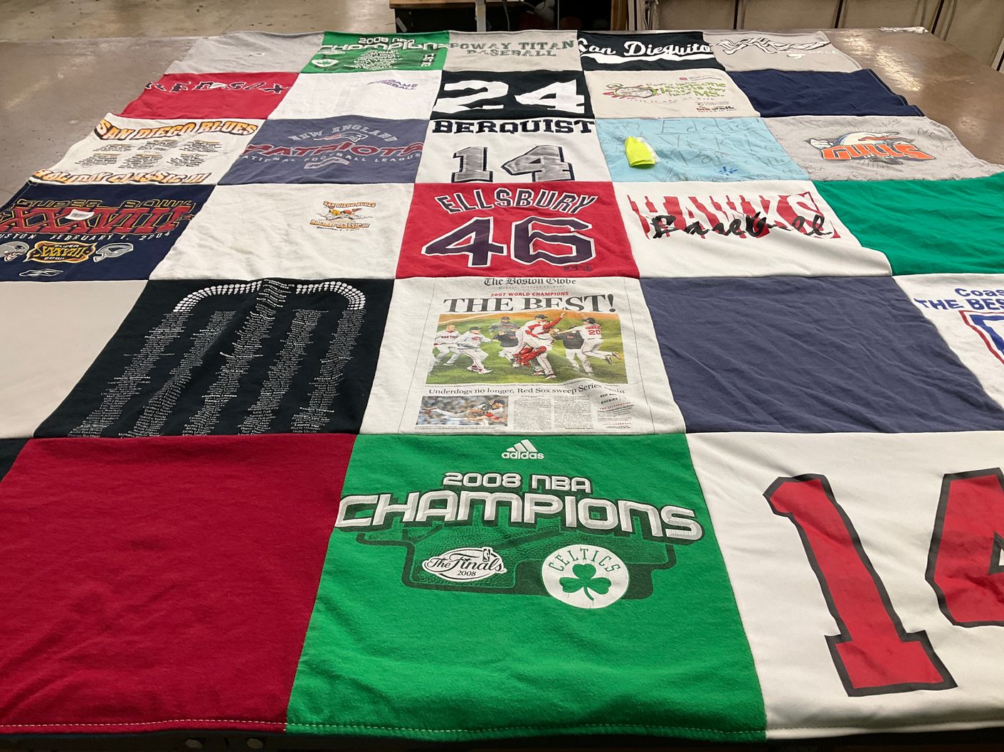 T-shirt quilt with sports, baseball themes by Barbara from CA
