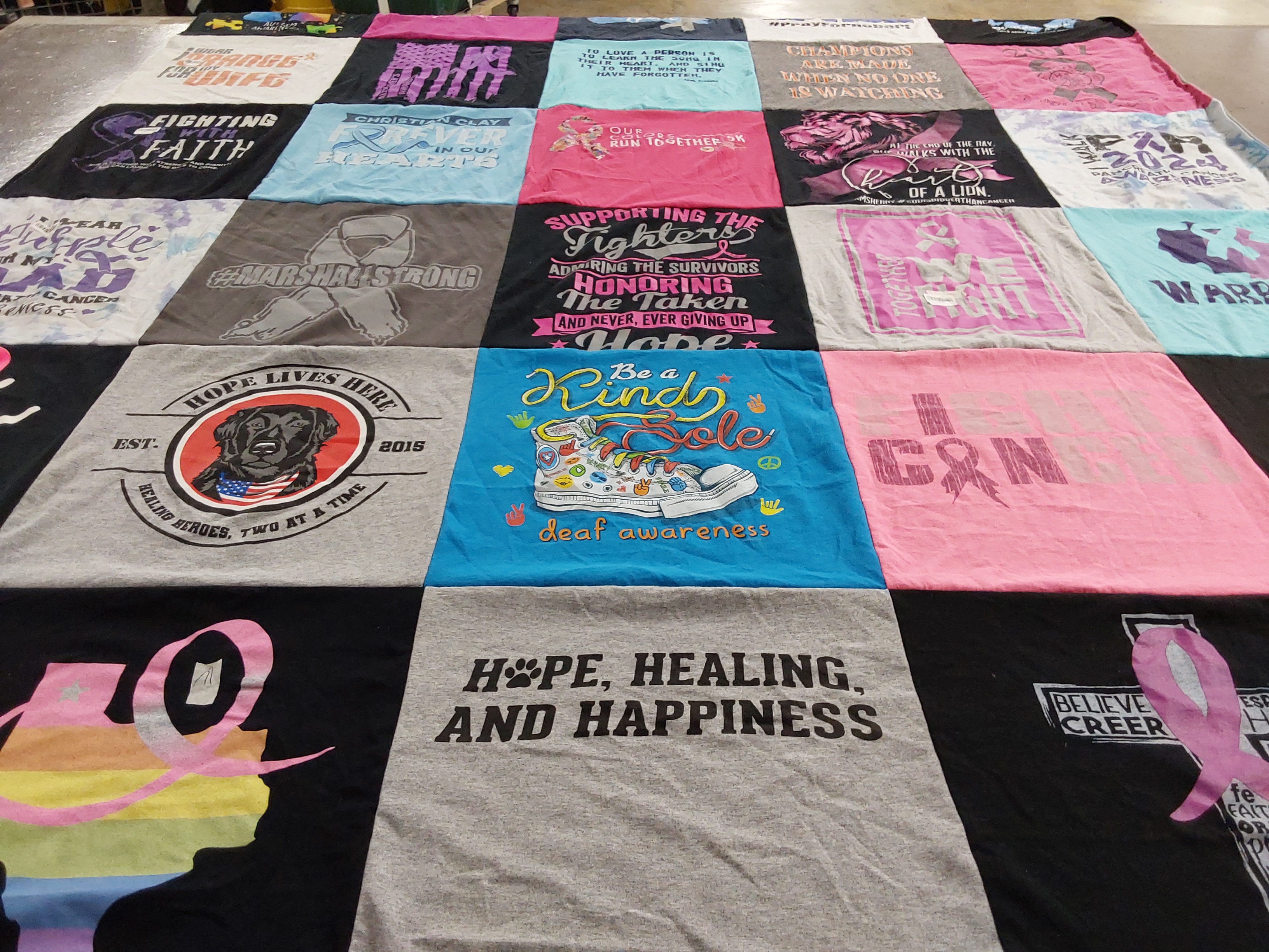 T-shirt quilt with supporting the fighters, raising awareness for cancer themes by paige from TX