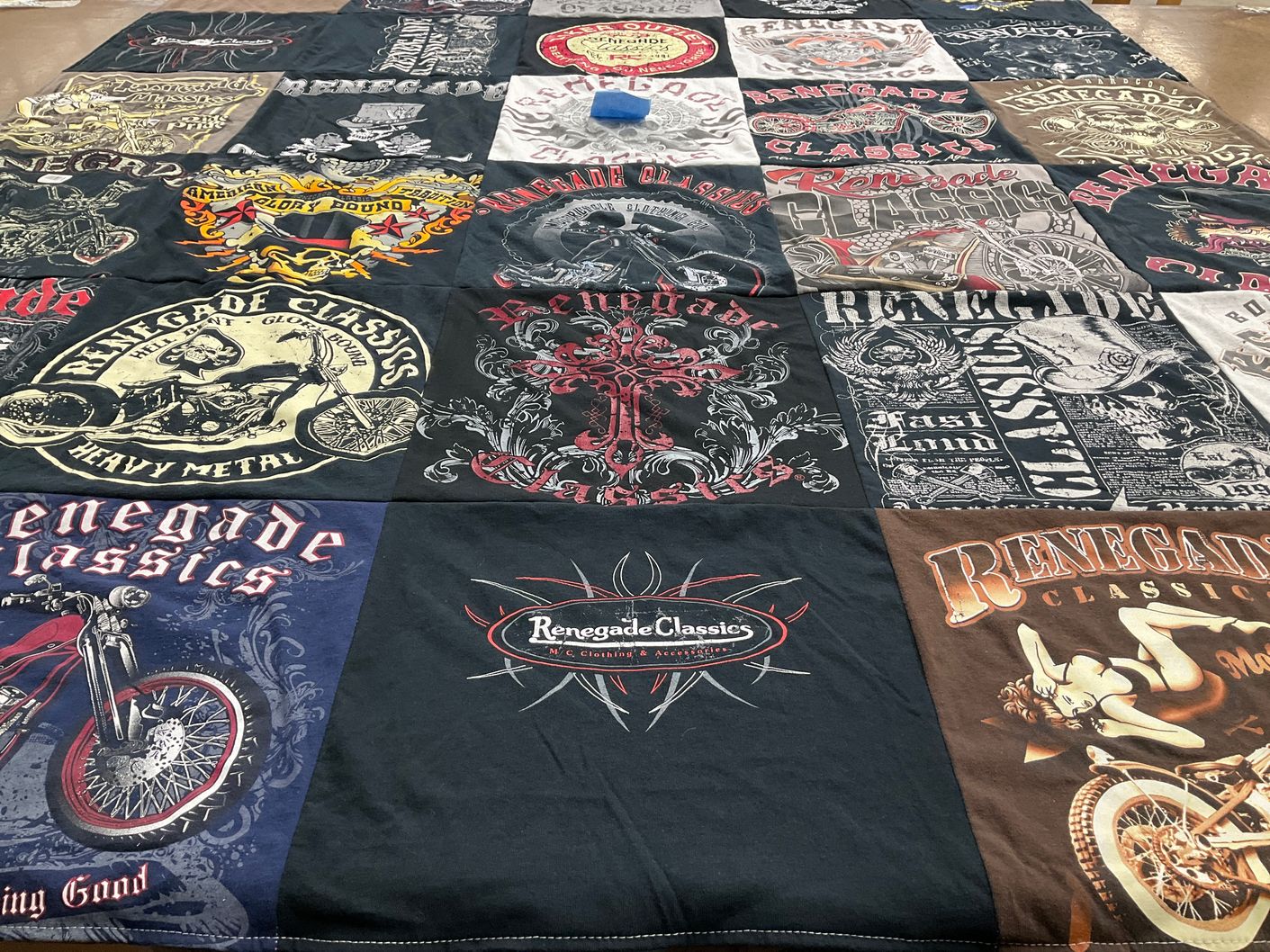 T-shirt quilt with motorcycles, biker culture themes by Margene from WA