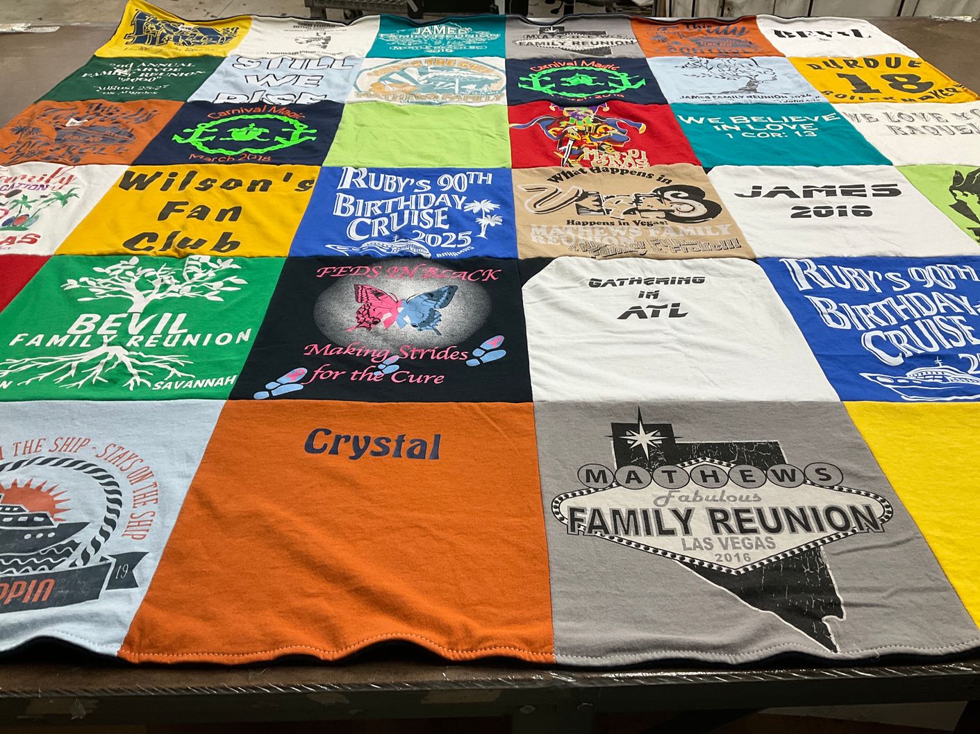 T-shirt quilt with family gatherings, birthday celebrations themes by Crystal from TX