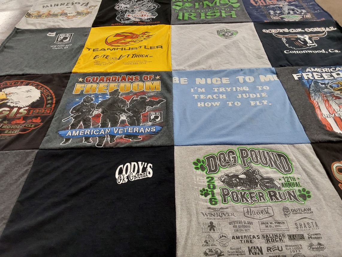T-shirt quilt with motorcycles, veterans themes by Deborah from NC