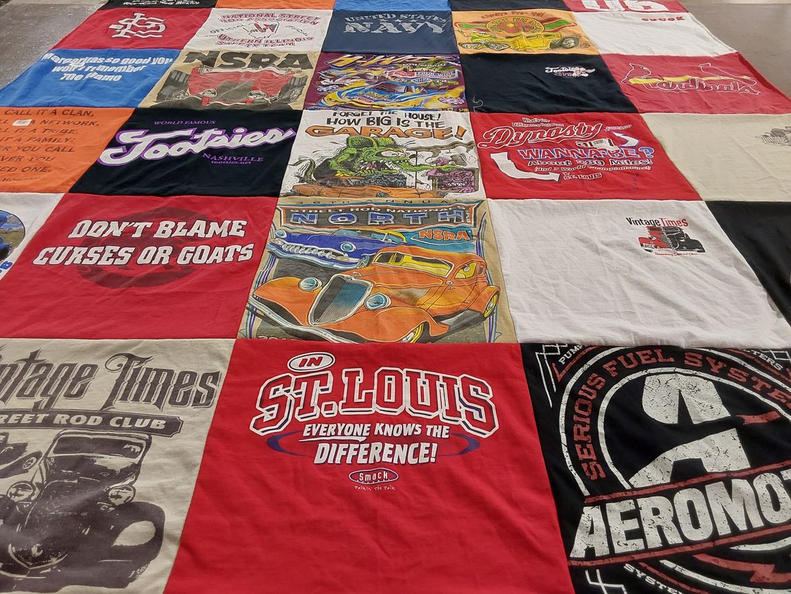 T-shirt quilt with cars, street rods themes by Alison from IL