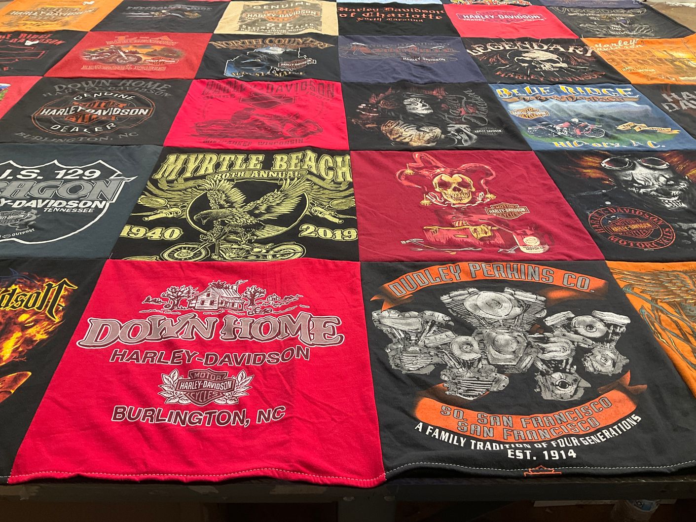T-shirt quilt with motorcycles, harley themes by Laurie from SC