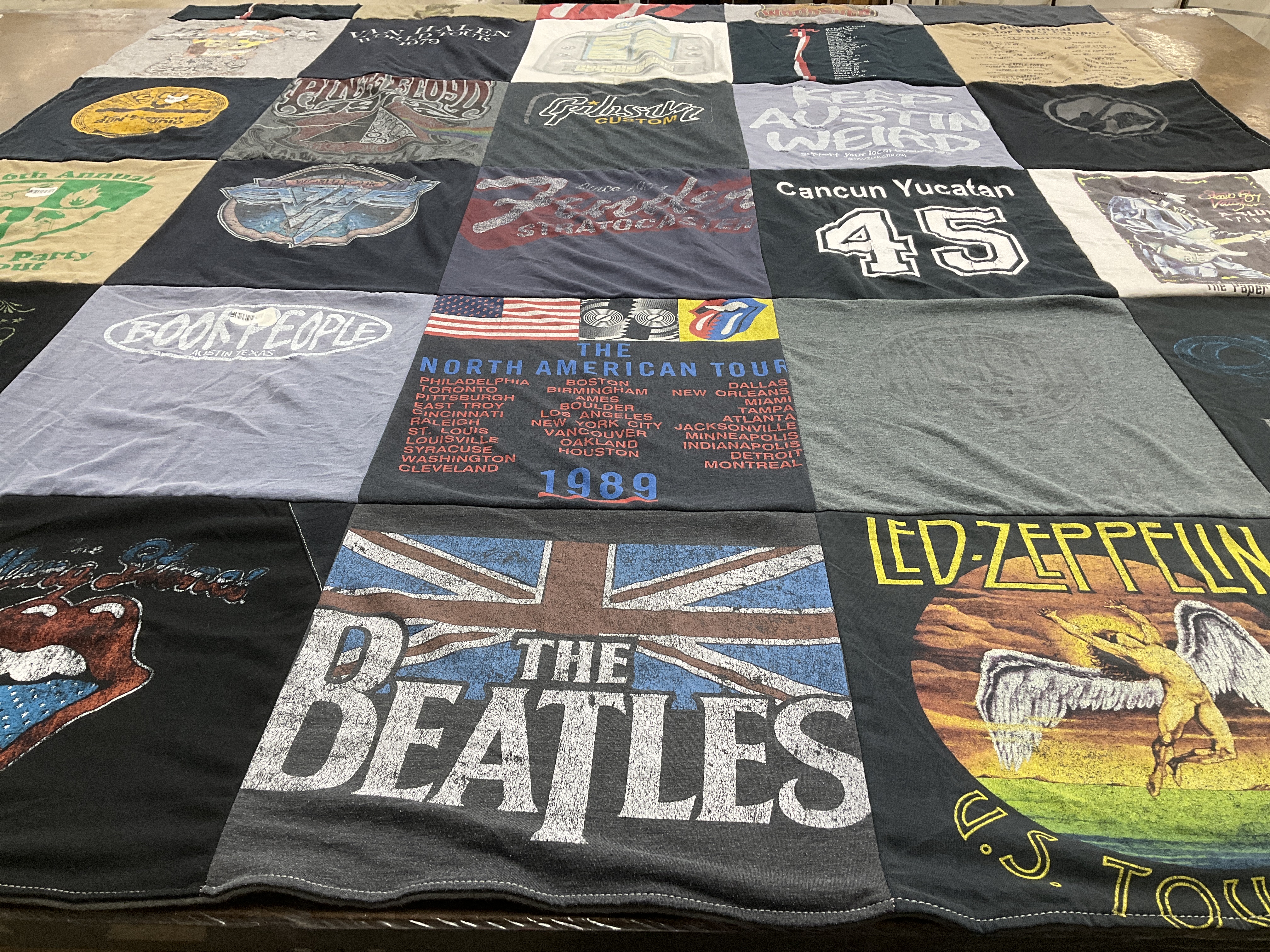 T-shirt quilt with music, concerts themes by Christine from TX