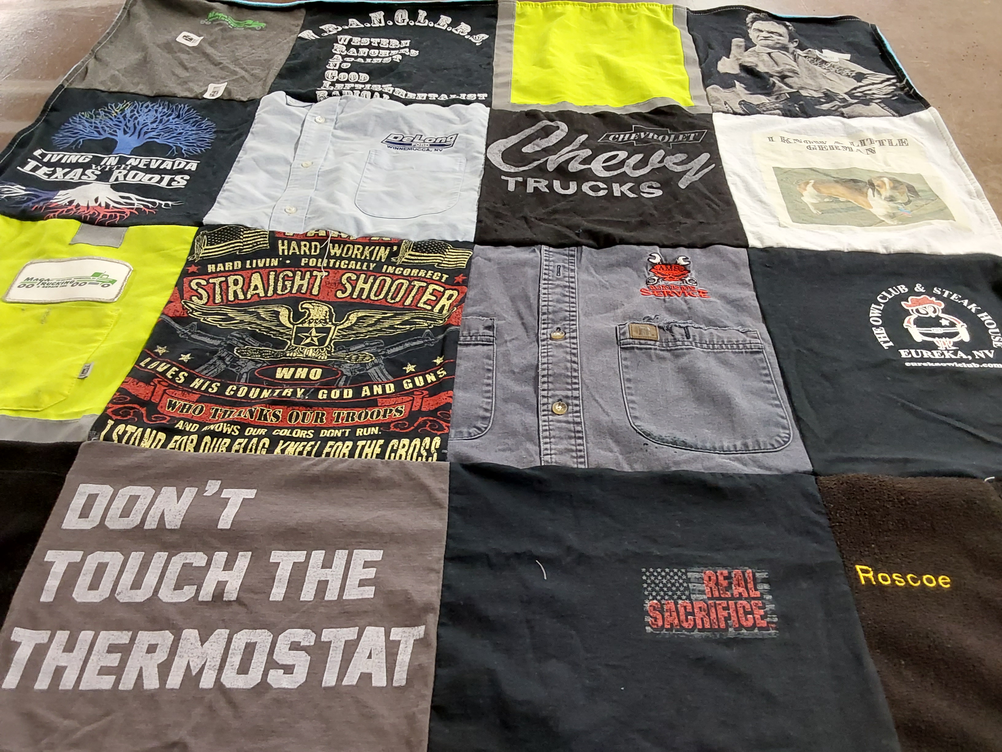 T-shirt quilt with hunting, patriotism themes by Tamara from NV