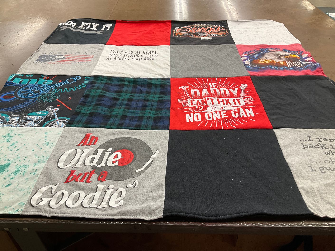 T-shirt quilt with motorcycles, crafting themes by Ashley from IL