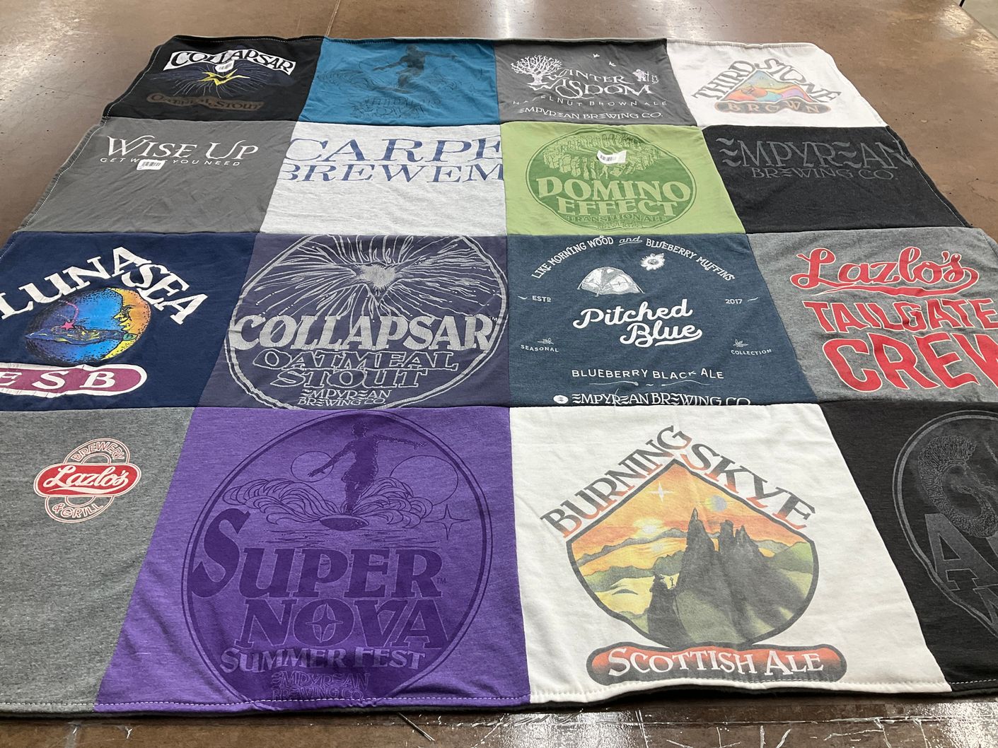 T-shirt quilt with brewing, craft beer themes by Abby from NE