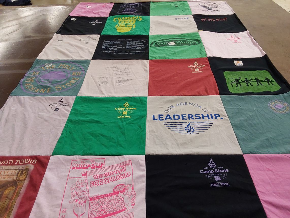 T-shirt quilt with camping, leadership themes by Atara from NY