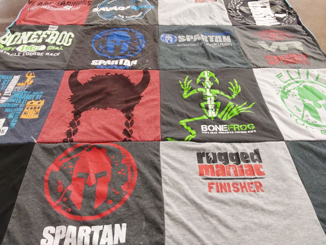 T-shirt quilt with obstacle course racing, fitness themes by Welby from VA
