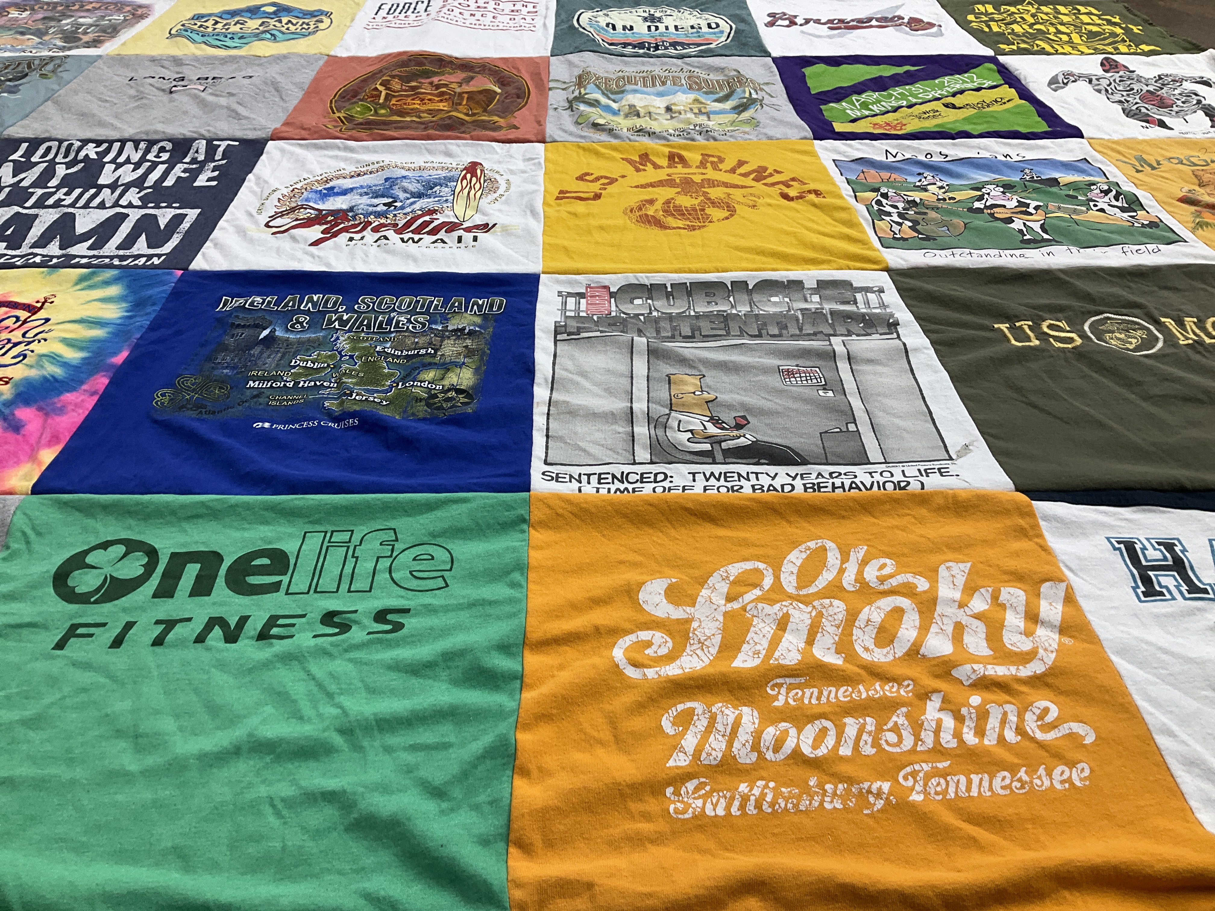 T-shirt quilt with travel, fitness themes by Kathy from MD