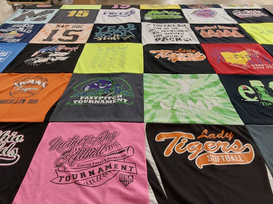 T-shirt quilt with softball, camping themes by Fallon from PA