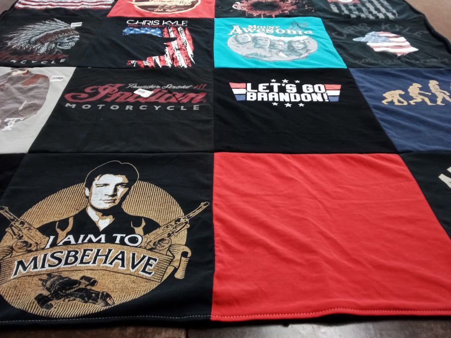 T-shirt quilt with motorcycles, politics themes by Chad from AZ