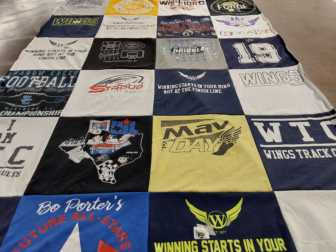 T-shirt quilt featuring wings track club, stroud football team by Candyce from TX
