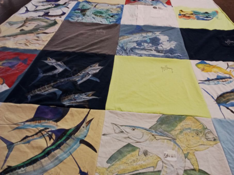 T-shirt quilt with fishing, marine life themes by Sandy from CA