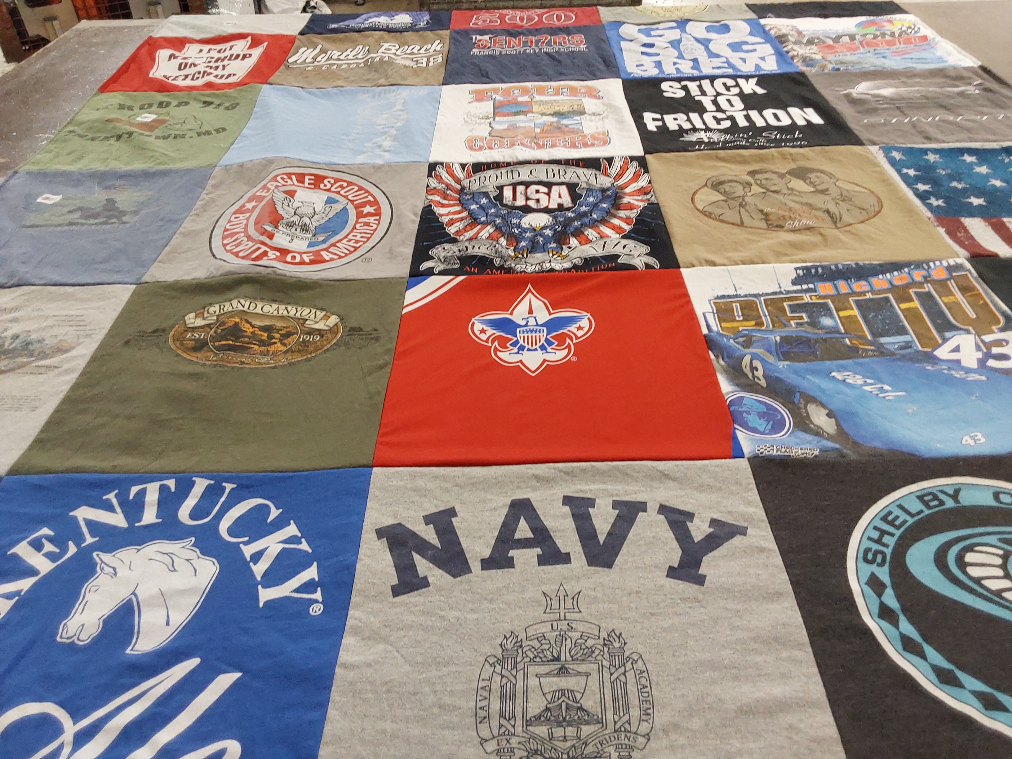 T-shirt quilt with scouting, nascar themes by Kelley from PA
