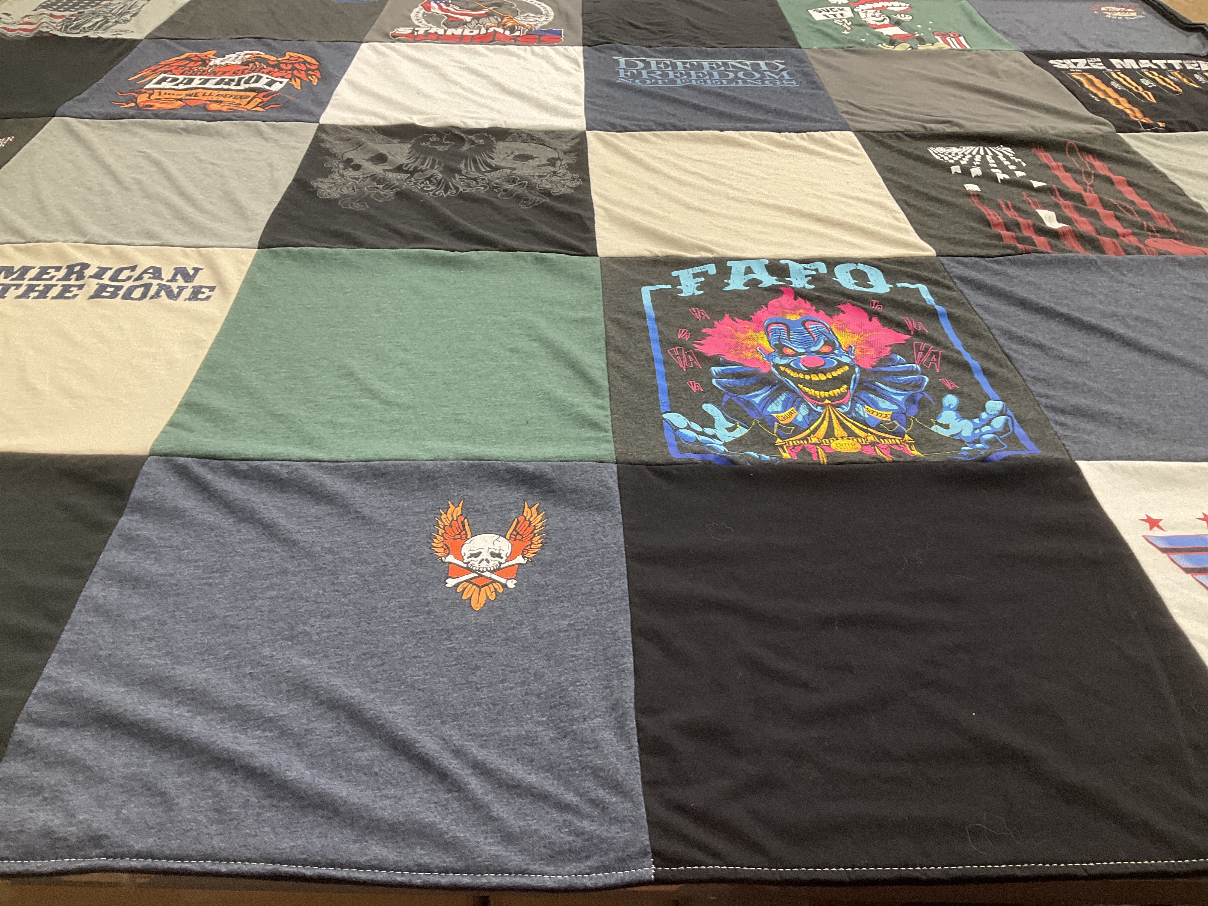 T-shirt quilt with clowns, humor themes by Heather from GA