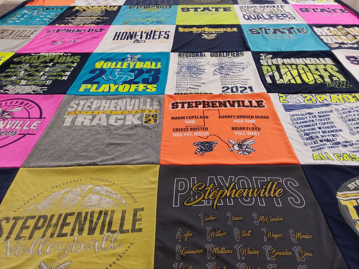 T-shirt quilt featuring stephenville volleyball, stephenville track by Shay from TX