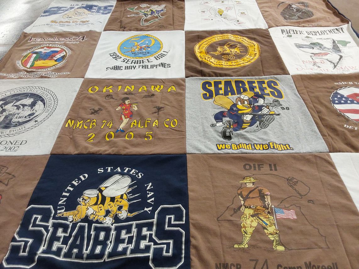 T-shirt quilt with military, construction themes by Mark from VA