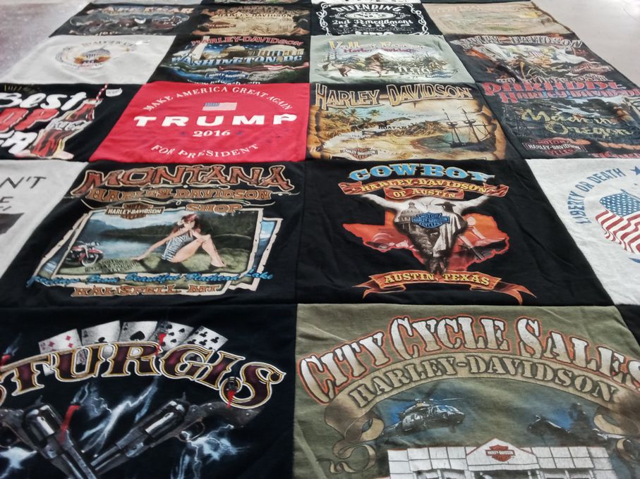 T-shirt quilt with motorcycles, biking themes by Jessica from TX