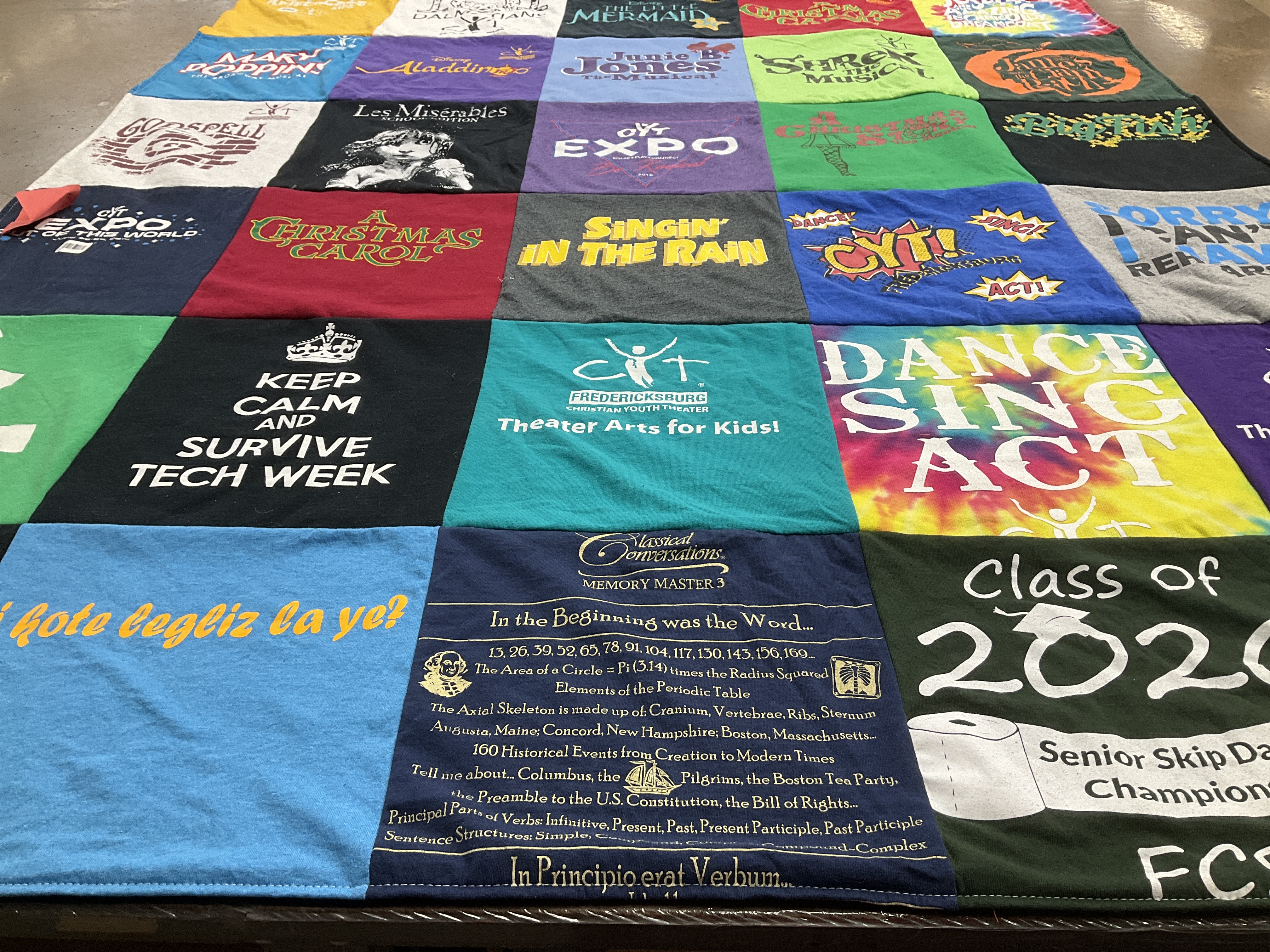 T-shirt quilt with theater, music themes by Cindy from VA