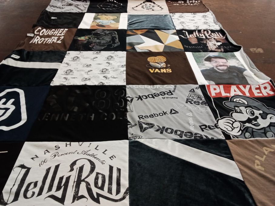 T-shirt quilt with music, gaming themes by Deanna from WI