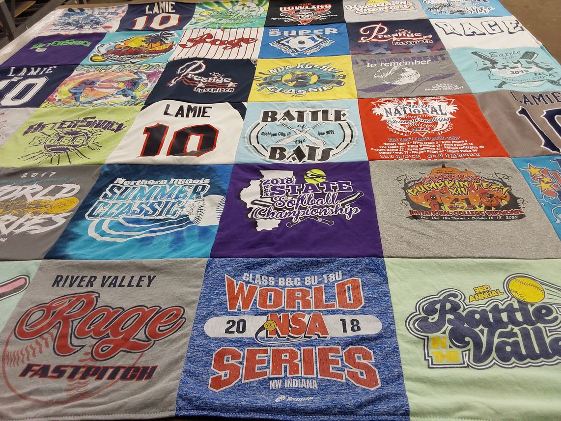 T-shirt quilt with softball, sports themes by Evie from IL