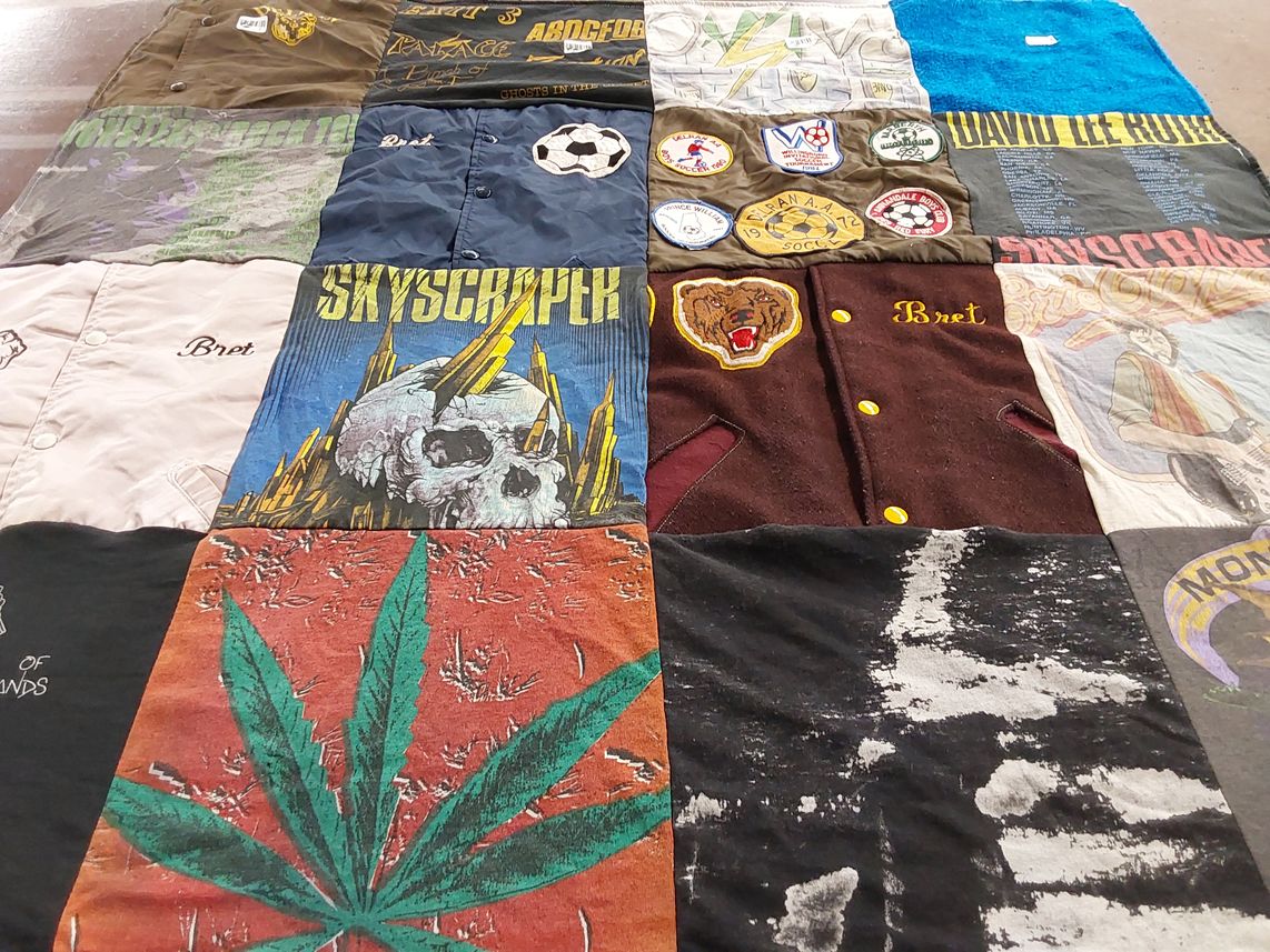 T-shirt quilt with music, sports themes by Beverly from NJ