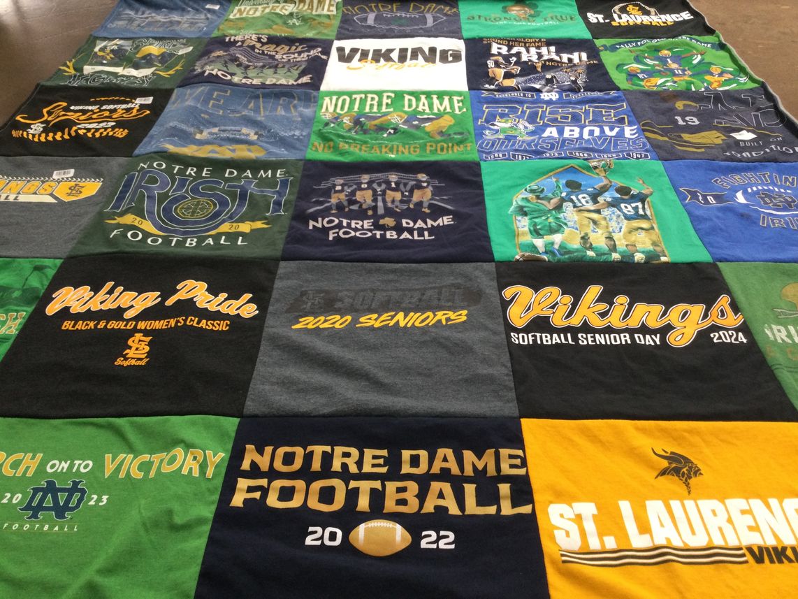T-shirt quilt featuring notre dame football, vikings softball by Anthony from IL