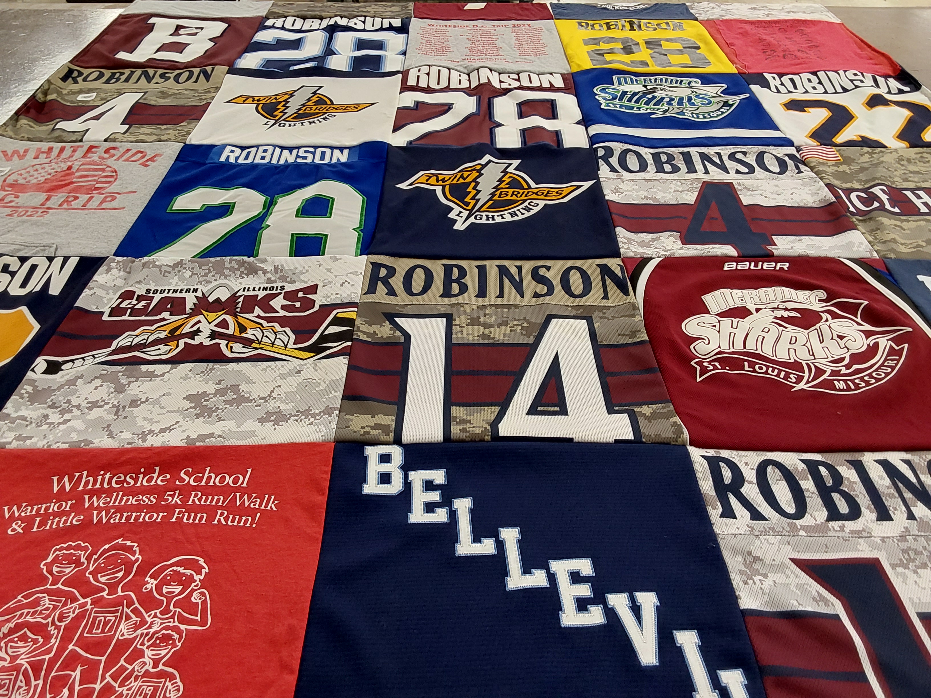 T-shirt quilt featuring southern illinois hawks, meramec sharks by Hope from IL