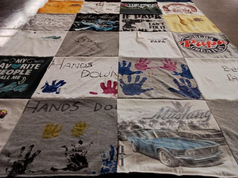 T-shirt quilt with cars, family themes by JOdi from WI
