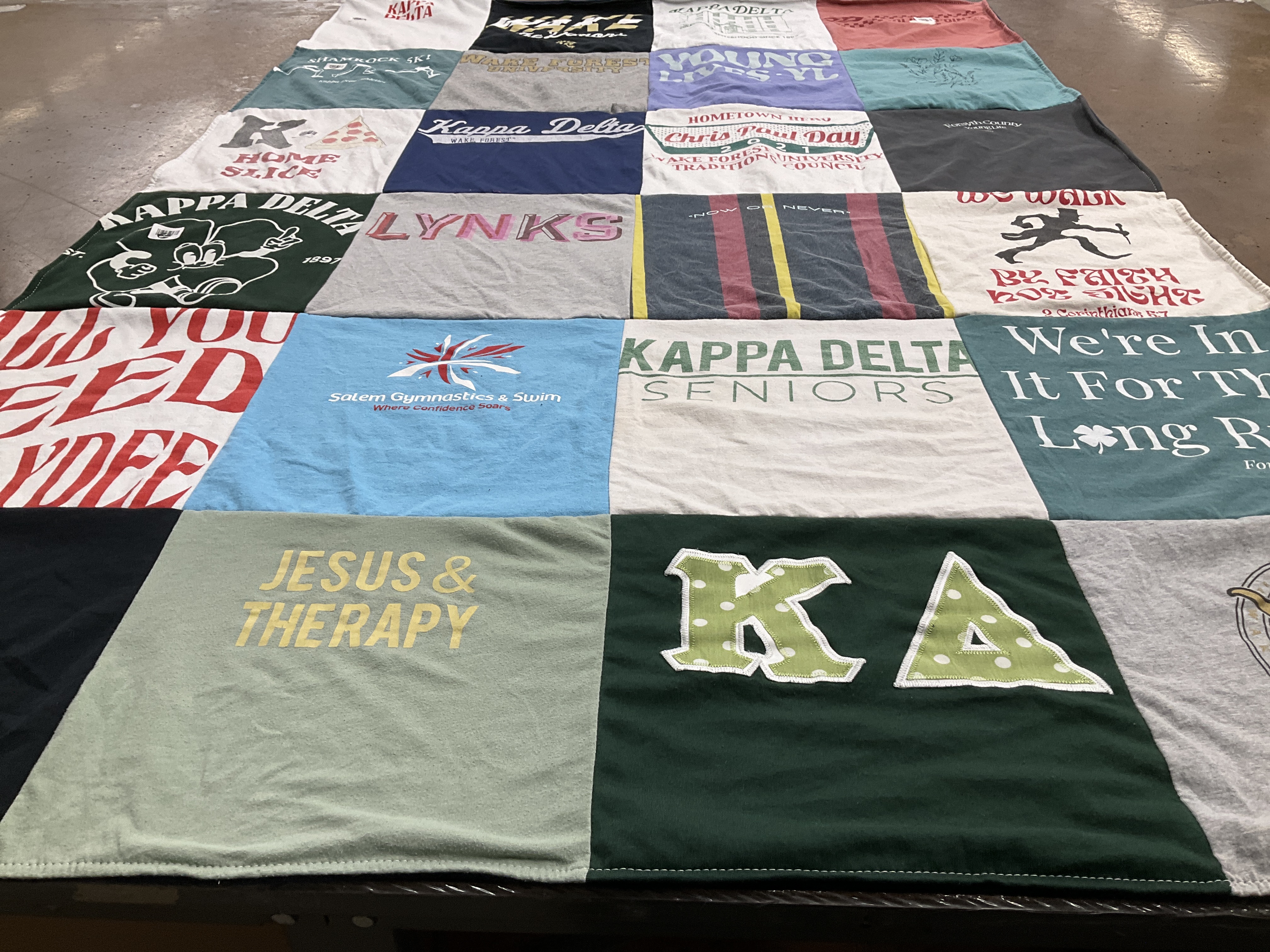 T-shirt quilt with sororities, gymnastics themes by Mercer from TN