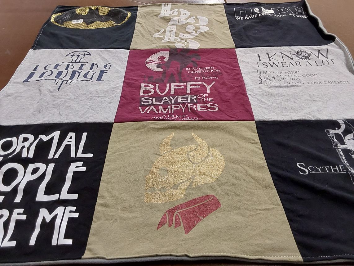 T-shirt quilt with tv shows, humor themes by Michelle from KY