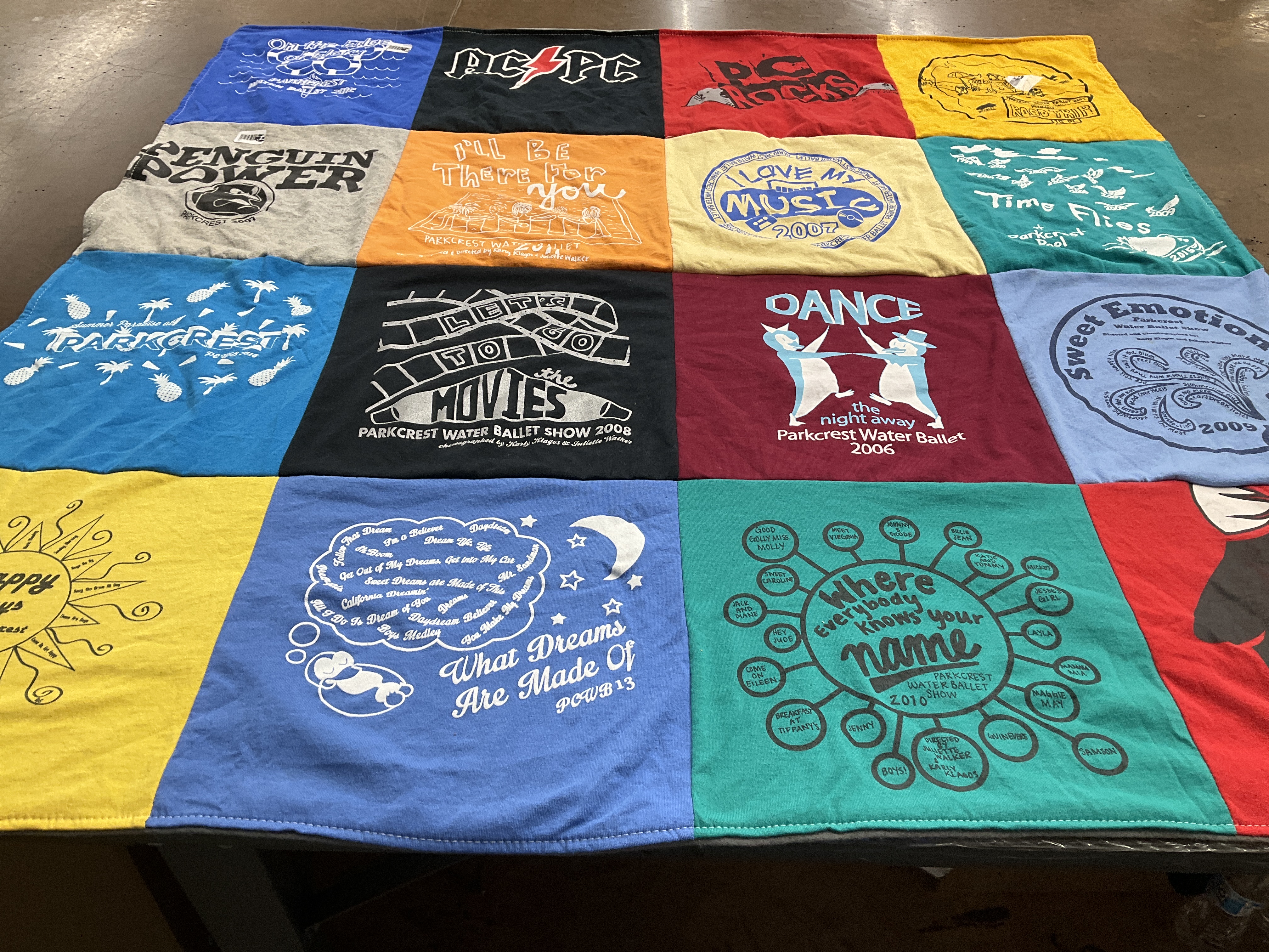 T-shirt quilt with theater, swimming themes by Anne from WI