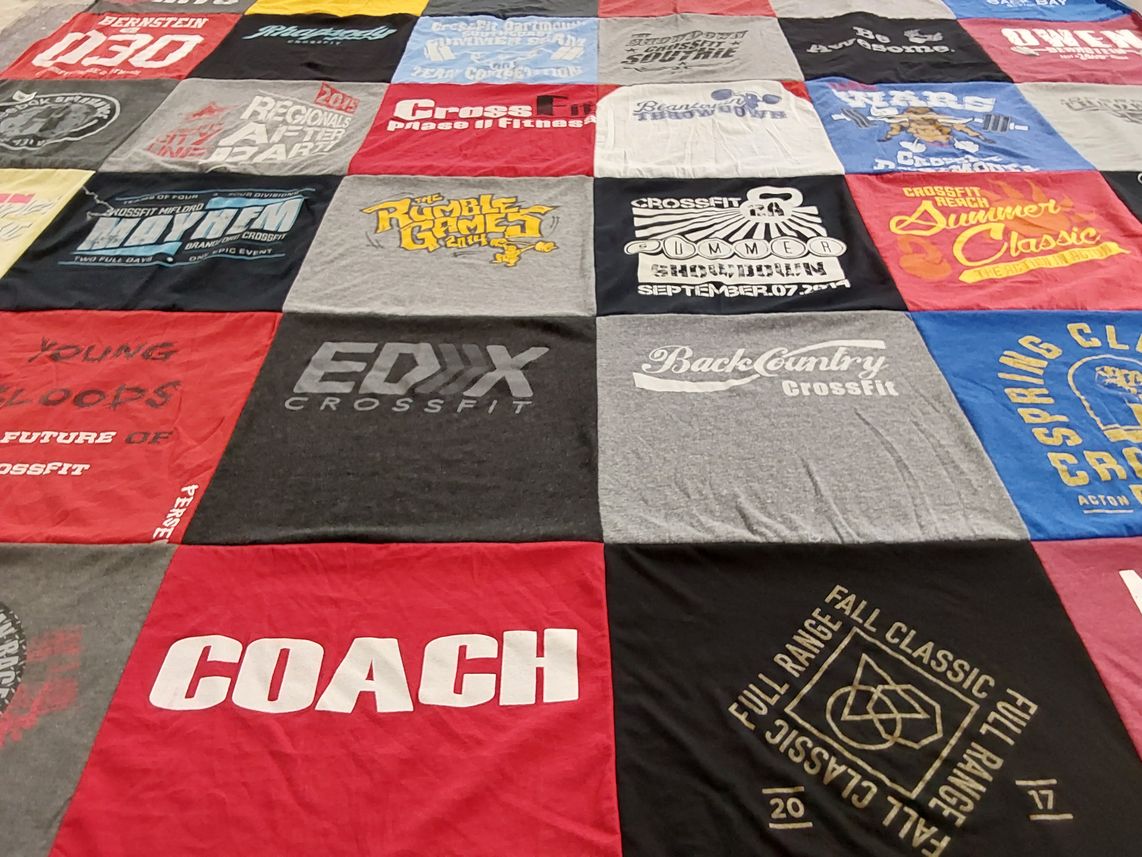 T-shirt quilt with fitness, crossfit themes by Mary-Alyce from MA
